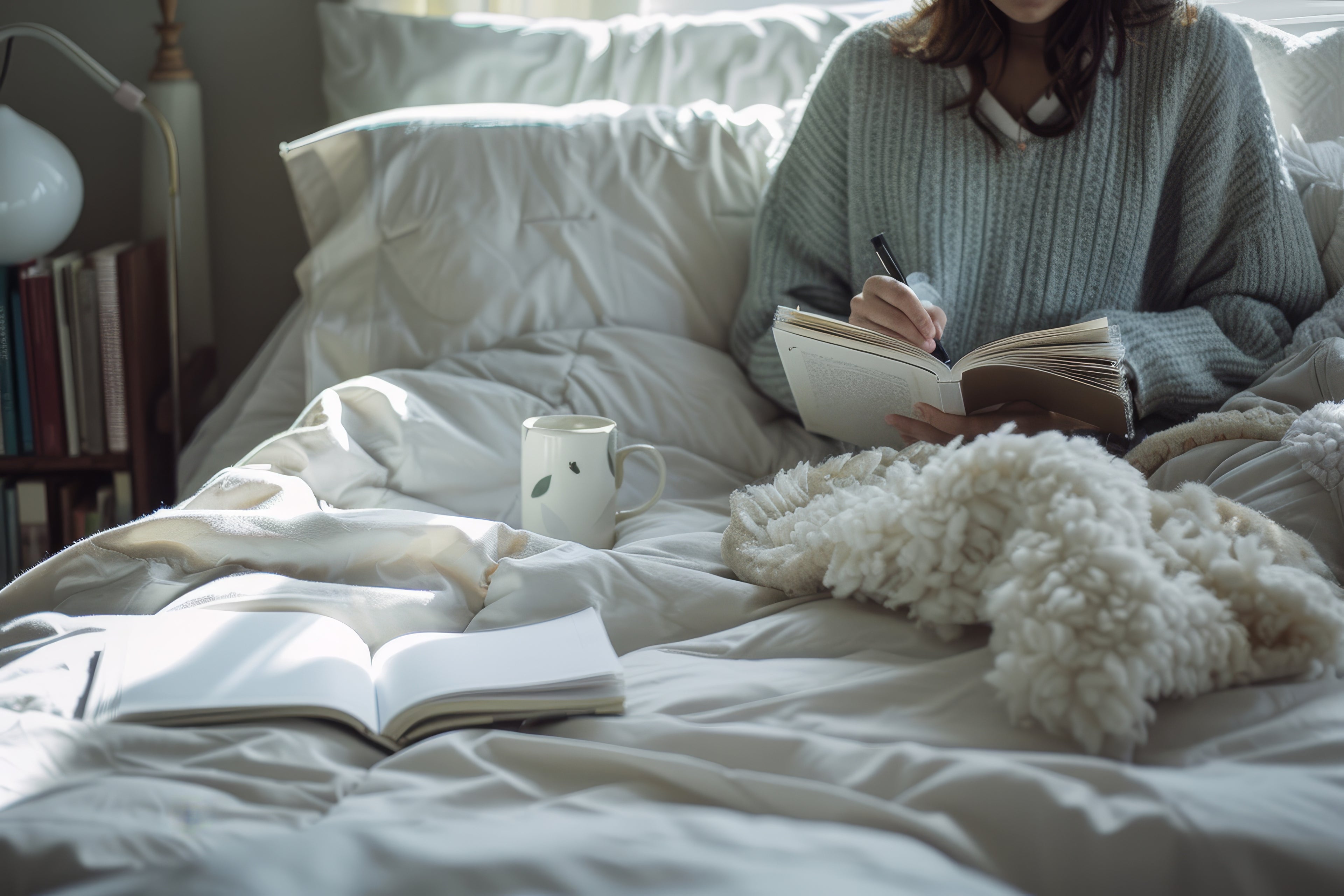 Women on bed journaling